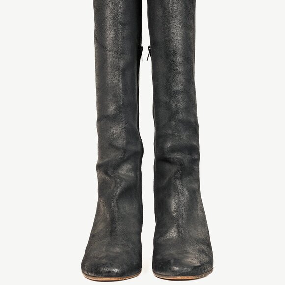 Martin Margiela Black Tall Calves Short Stack Low Heel Leather Boots - Picture 2 of 11